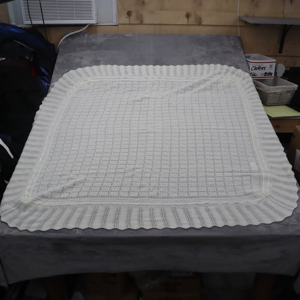 Baby Crest Crochet Ivory Baby Gender Neutral Throw Blanket Ribbon Scalloped Trim